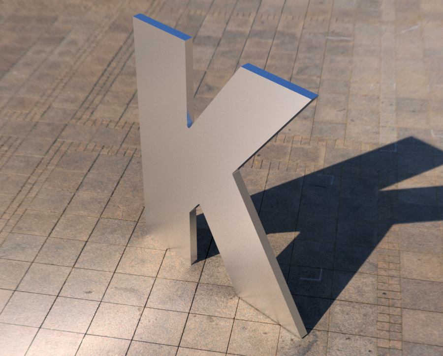 3D rendering of 7 inch tall by one quarter inch aluminum letter K for example.